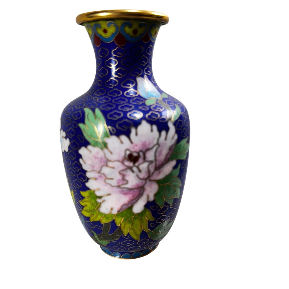 Vintage Cloisonne Enamel Floral Vase Cobalt Blue Peony 5 Inch Chinese Decorative